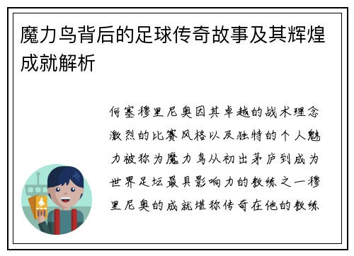 魔力鸟背后的足球传奇故事及其辉煌成就解析